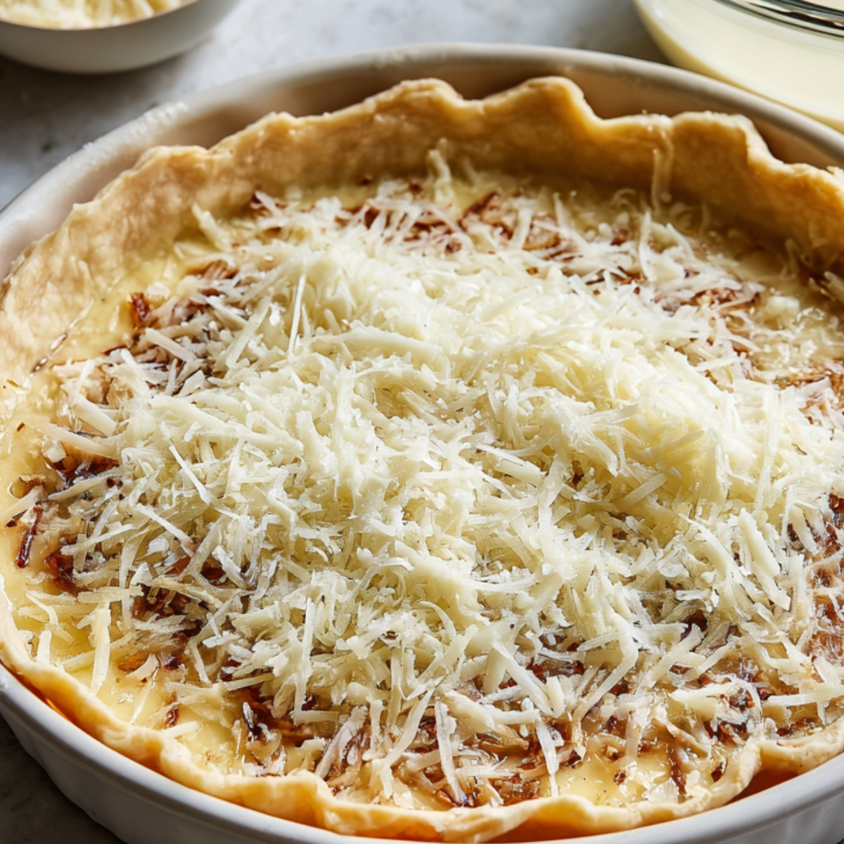 Delicious Parmesan Onion Squares Recipe 14 Unbaked savory tart in a pie dish, filled with a creamy onion mixture and generously topped with grated Parmesan cheese, surrounded by bowls of ingredients.