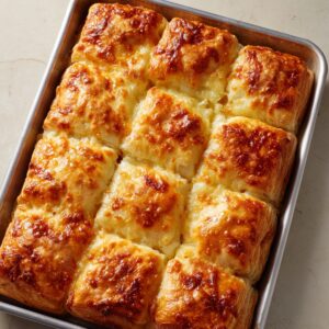 Delicious Parmesan Onion Squares Recipe 21 Freshly baked pull-apart cheese bread in a rectangular pan, golden brown on top with a bubbly, cheesy crust.