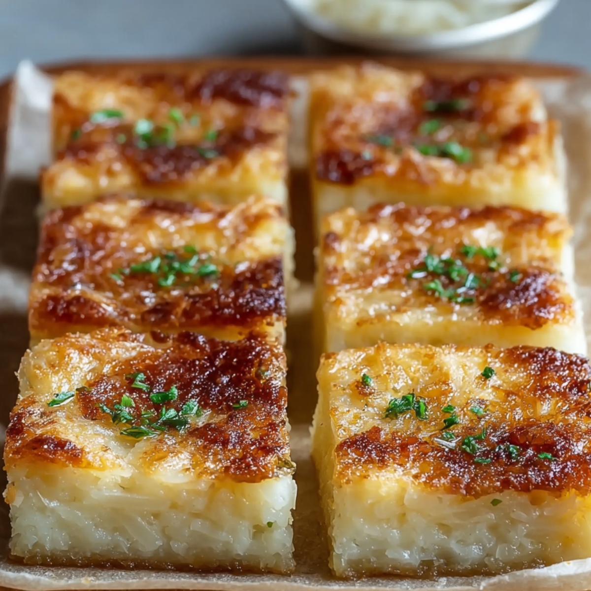 Delicious Parmesan Onion Squares Recipe 16 Golden baked Parmesan onion squares cut neatly into rectangles, garnished with fresh herbs, displayed on parchment over a wooden tray.