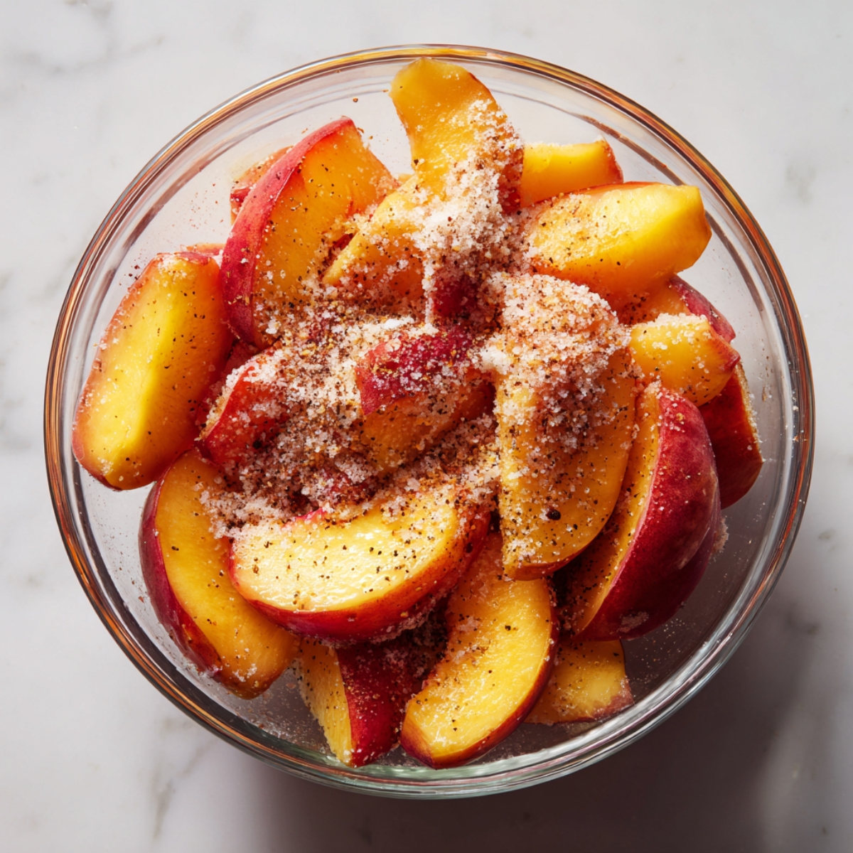 A glass bowl filled with sliced fresh peaches tossed with sugar and spices, sitting on a marble countertop.