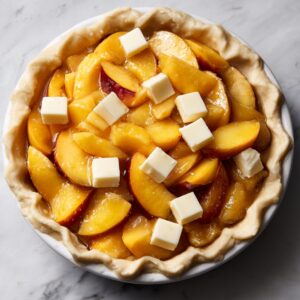 A raw peach pie in a pie dish filled with sugared peach slices and dotted with cubes of butter, ready for the top crust.