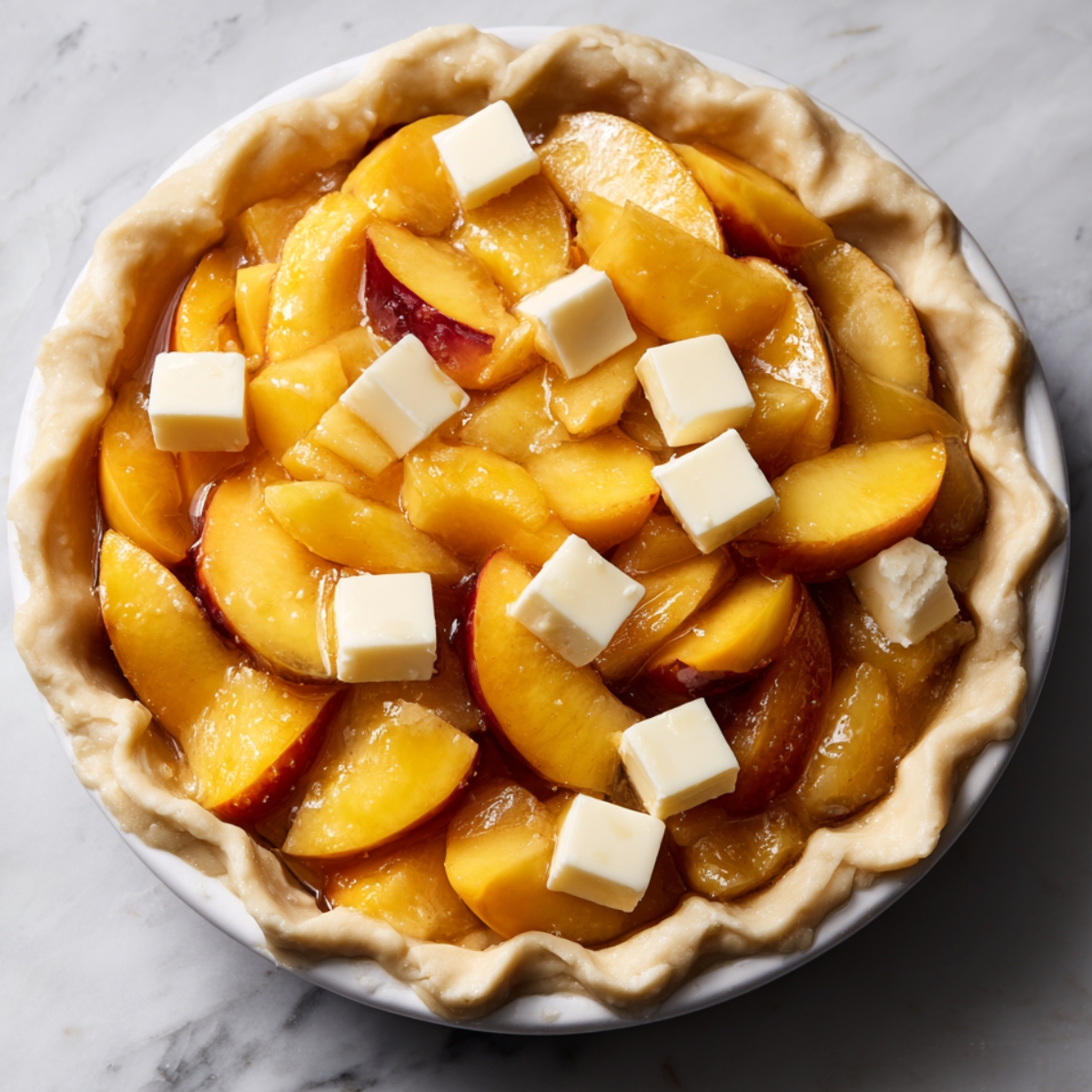 A raw peach pie in a pie dish filled with sugared peach slices and dotted with cubes of butter, ready for the top crust.