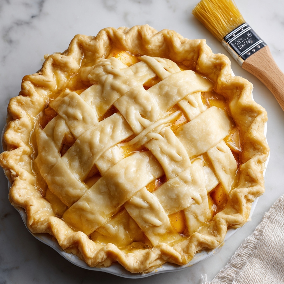 A classic peach pie ready for baking, sealed with a decorative lattice top crust and placed on a marble surface next to a pastry brush.