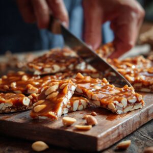 Close-up photo of homemade peanut brittle being cut into rectangular chunks on a wooden board with a knife, process shot