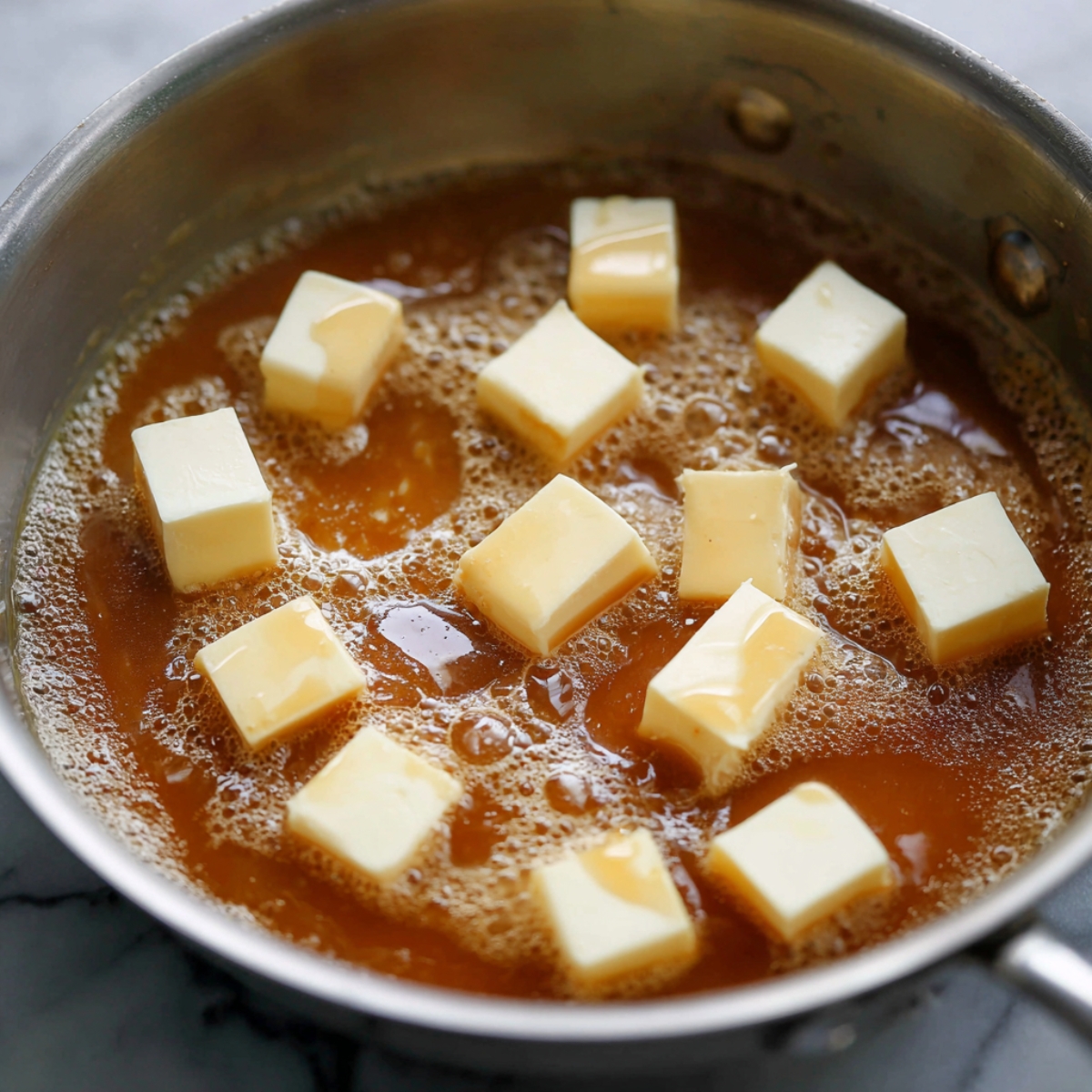 Overhead shot of small butter cubes melting into bubbling caramel mixture in a saucepan, step-by-step cooking photography