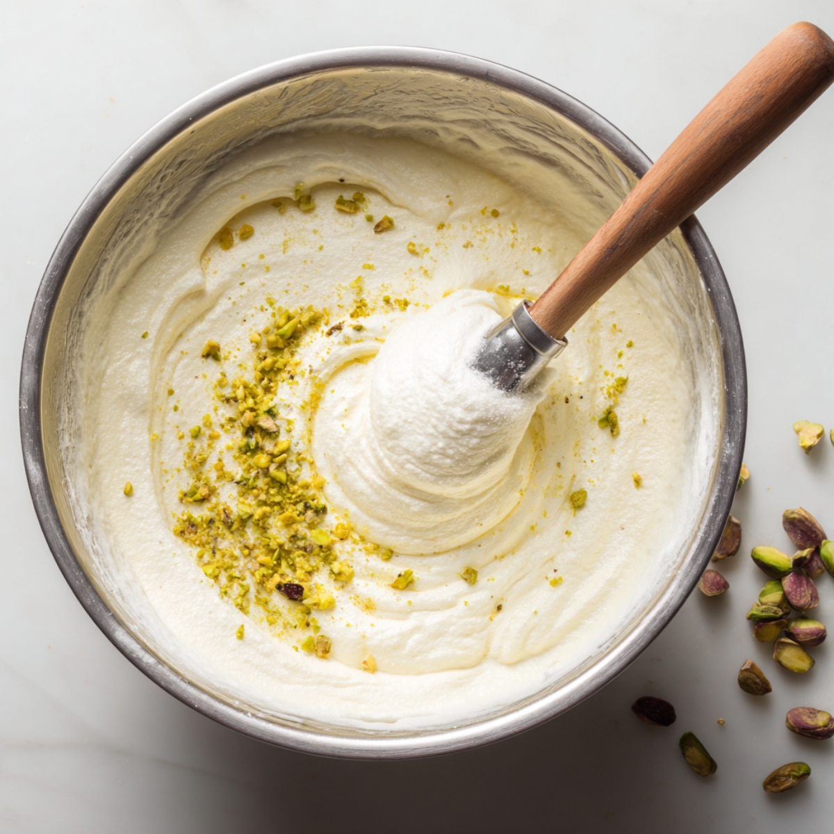 Mixing pistachio pieces into a creamy batter in a stainless steel bowl with a wooden spoon.