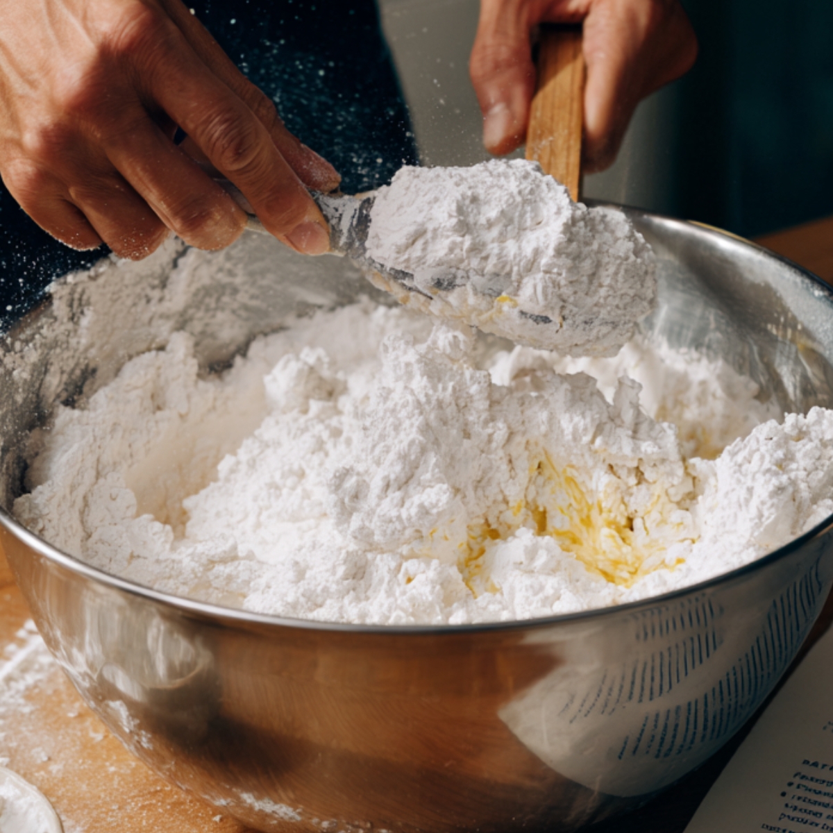 Person mixing powdered sugar and butter in a large metal bowl with a wooden spatula, with some flour spilling on the table.
