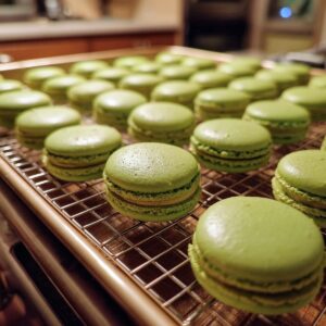 Close-up of freshly baked green pistachio macarons cooling on a wire rack in a kitchen.