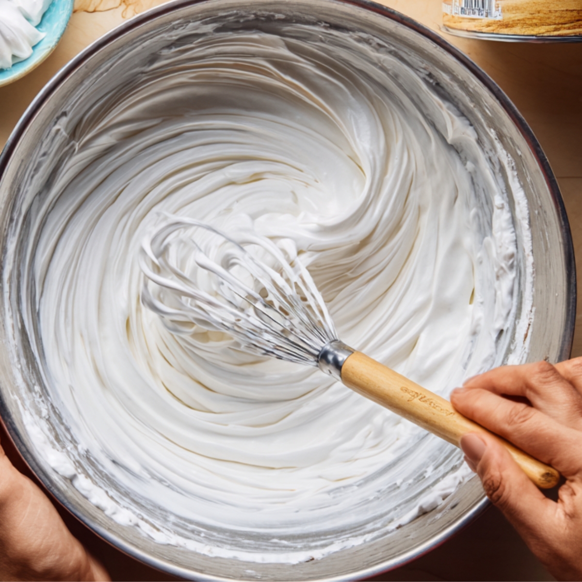 Whisking glossy meringue in a large bowl with a wooden-handled whisk, with a bowl of extra meringue nearby.