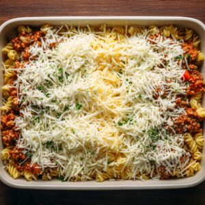 A casserole dish layered with pasta, meat sauce, and a generous topping of shredded cheese, ready to bake.