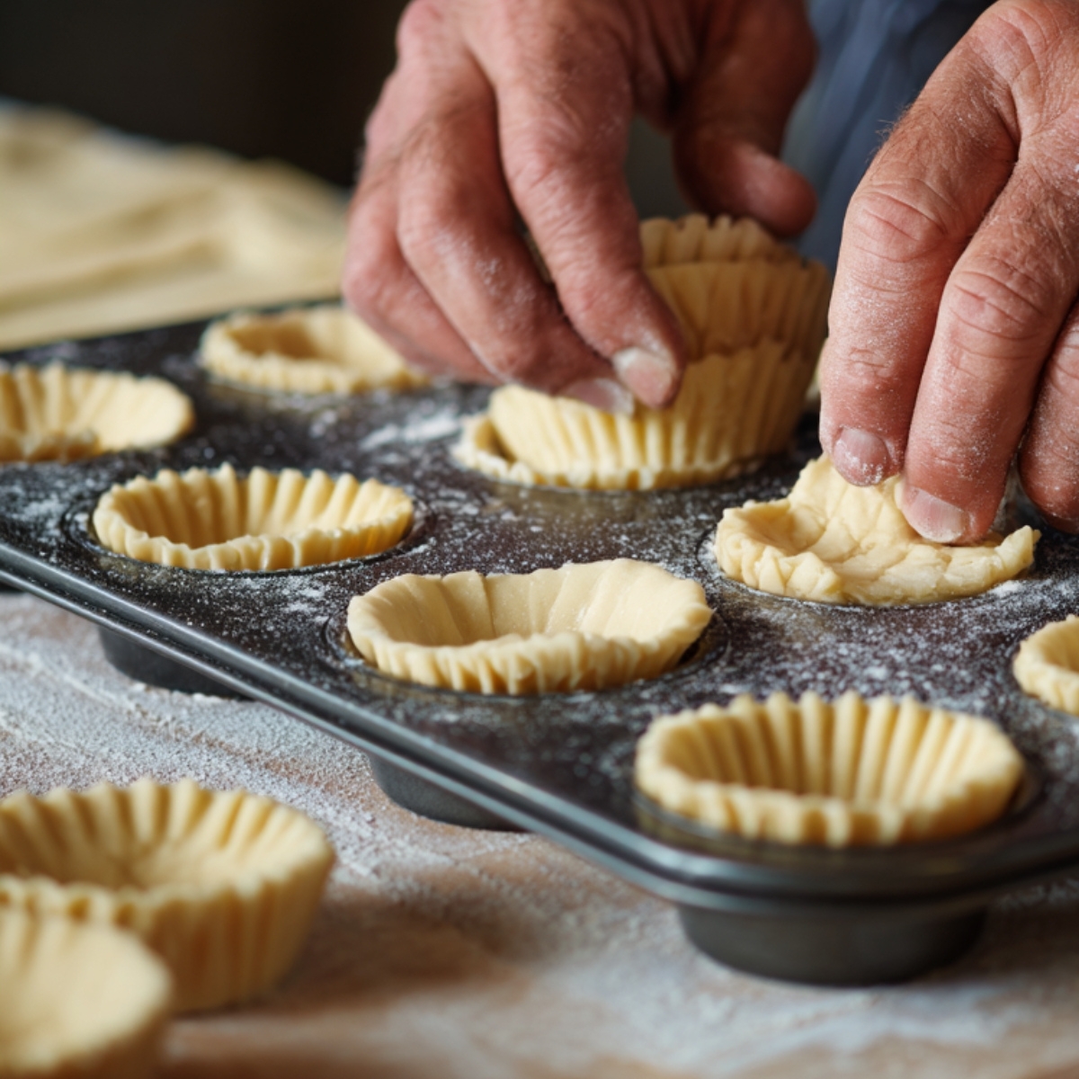 A baker shaping and pressing pastry dough into fluted tart molds on a floured muffin tin.