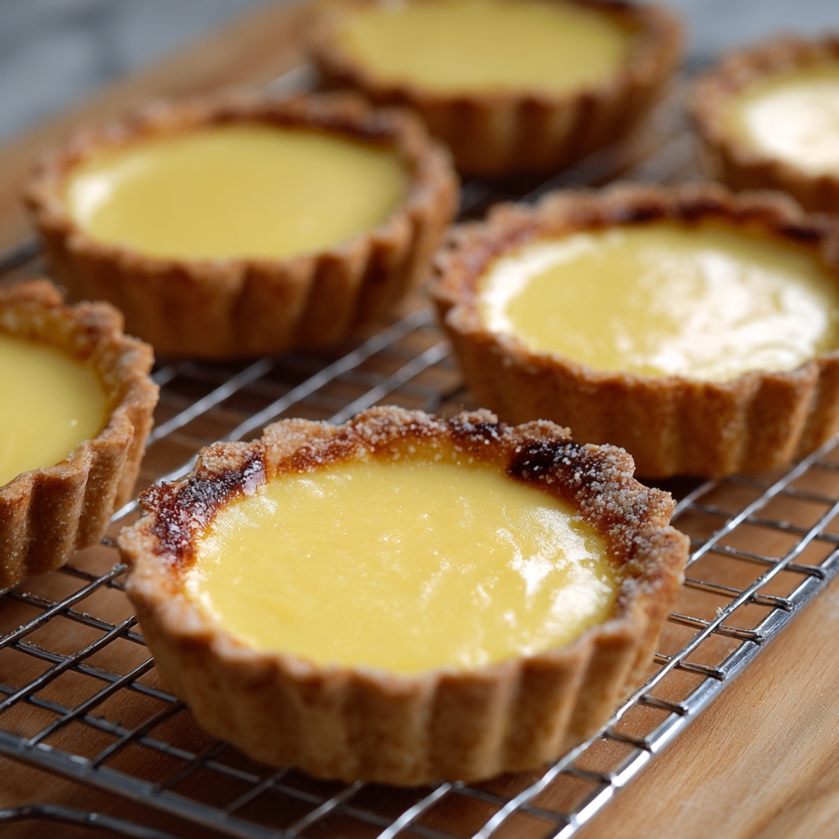 Freshly baked custard tarts cooling on a wire rack, with golden flaky crusts and smooth yellow custard filling.