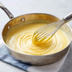 A saucepan of thick, creamy yellow custard being whisked until smooth.