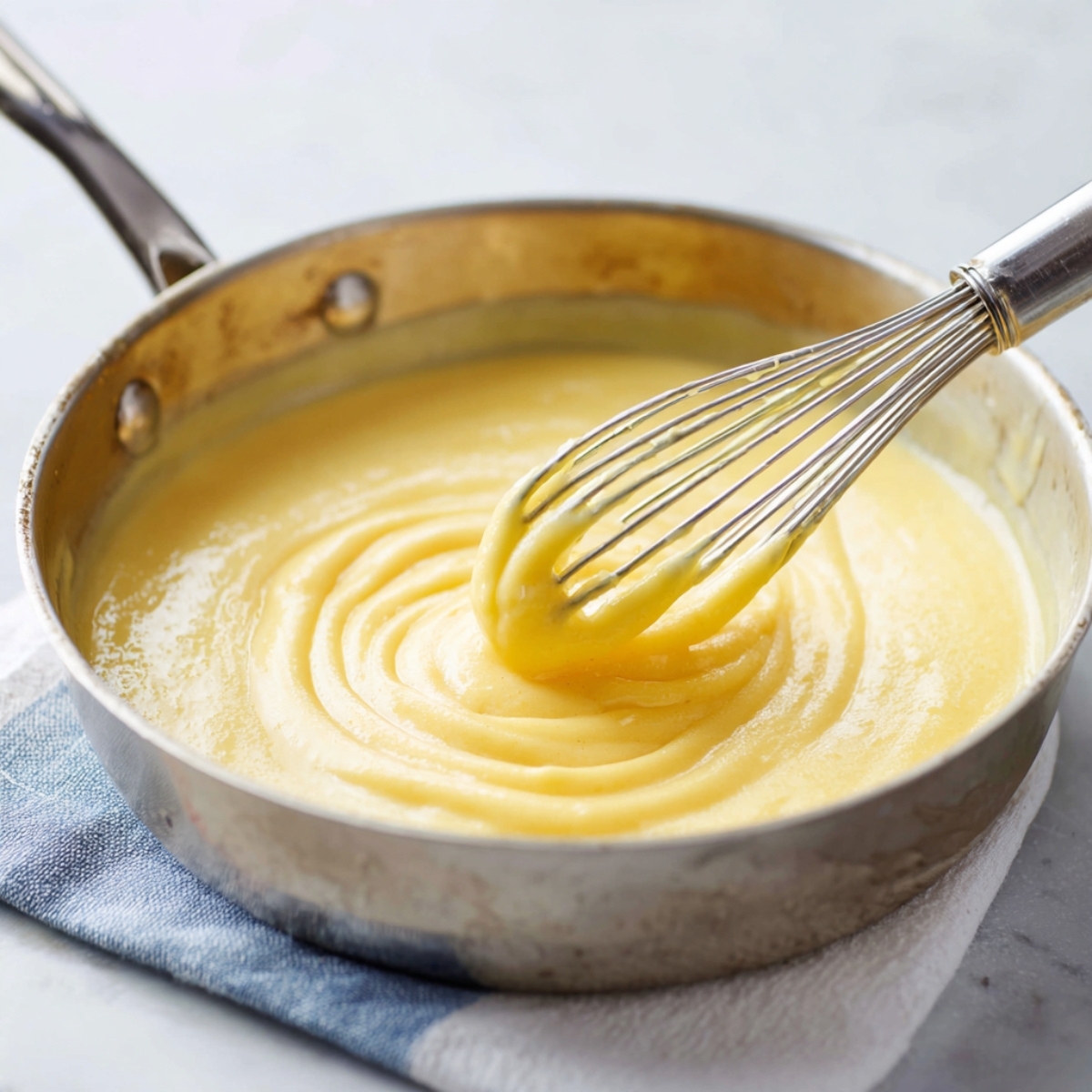 A saucepan of thick, creamy yellow custard being whisked until smooth.