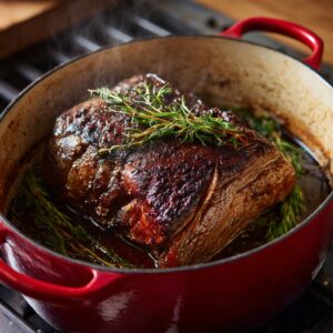 “Beef roast searing in a red Dutch oven, deeply browned on all sides with fresh rosemary and thyme releasing aroma.”