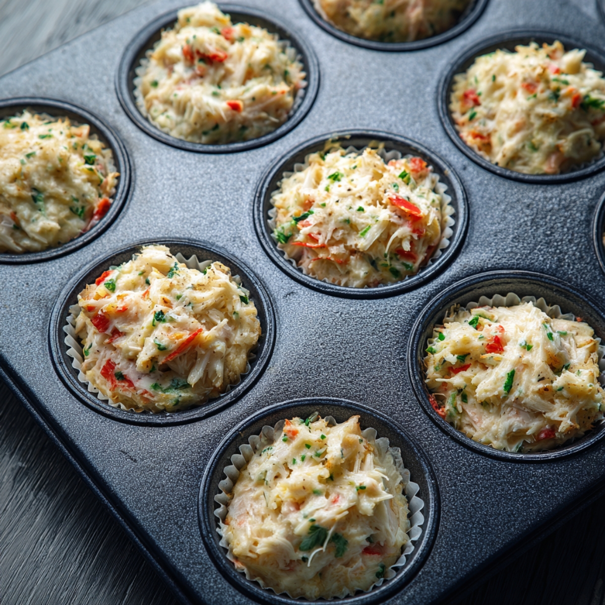 Unbaked crab cake mixture scooped into muffin tin liners, ready for the oven.