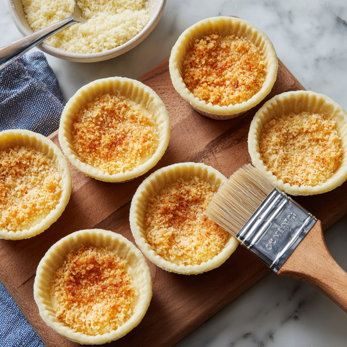 Unbaked tart shells filled with a breadcrumb mixture, arranged on a wooden board with a pastry brush beside them