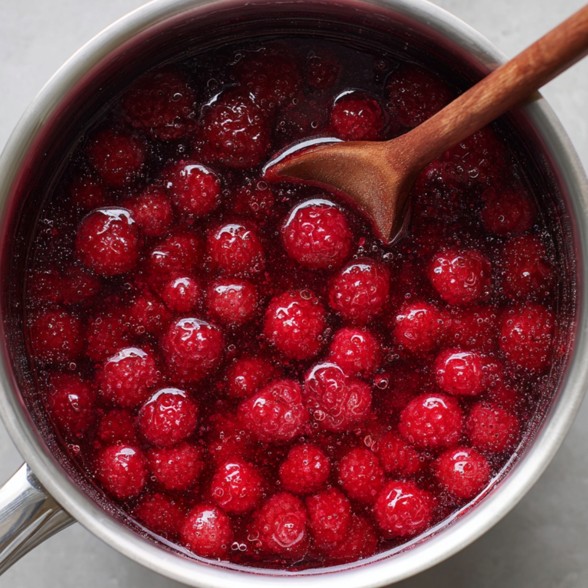 Pot of raspberries cooking with sugar, bubbling gently while being stirred with a wooden spoon.