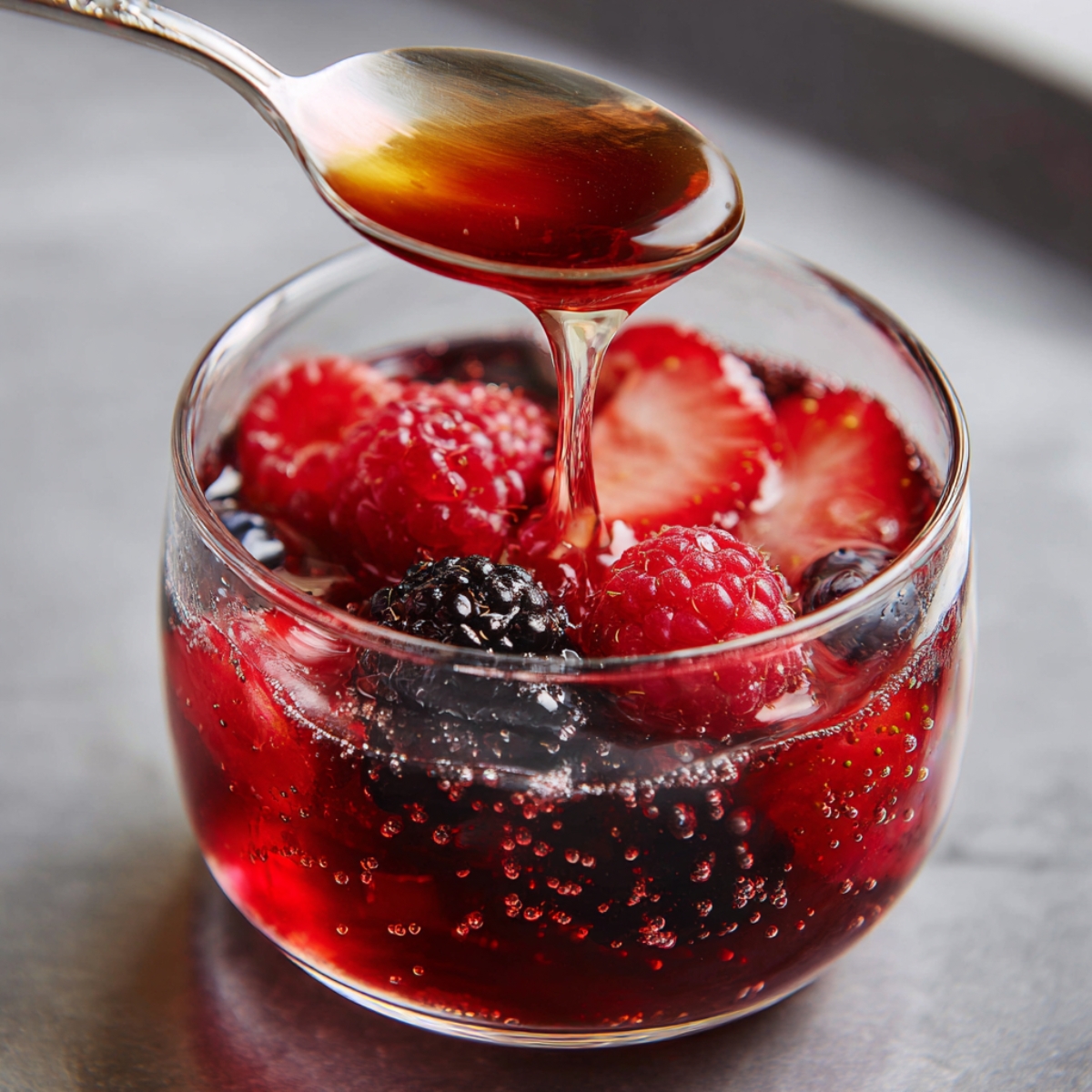 Glass of iced berry tea with fresh strawberries, raspberries, and blackberries as a spoon drizzles berry syrup on top.