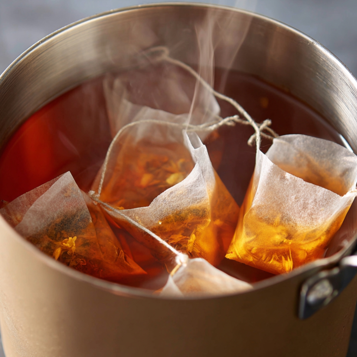 Steaming pot of black tea with several tea bags steeping in hot water.