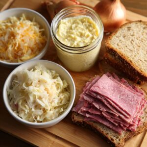“The prep: Russian dressing chilled and ready, sauerkraut well-drained, thinly sliced corned beef, and hearty rye bread waiting to be buttered.”