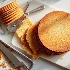Neatly stacked thin honey cake layers on a cutting board with a pizza cutter, surrounded by crumbs and trimmed edges.