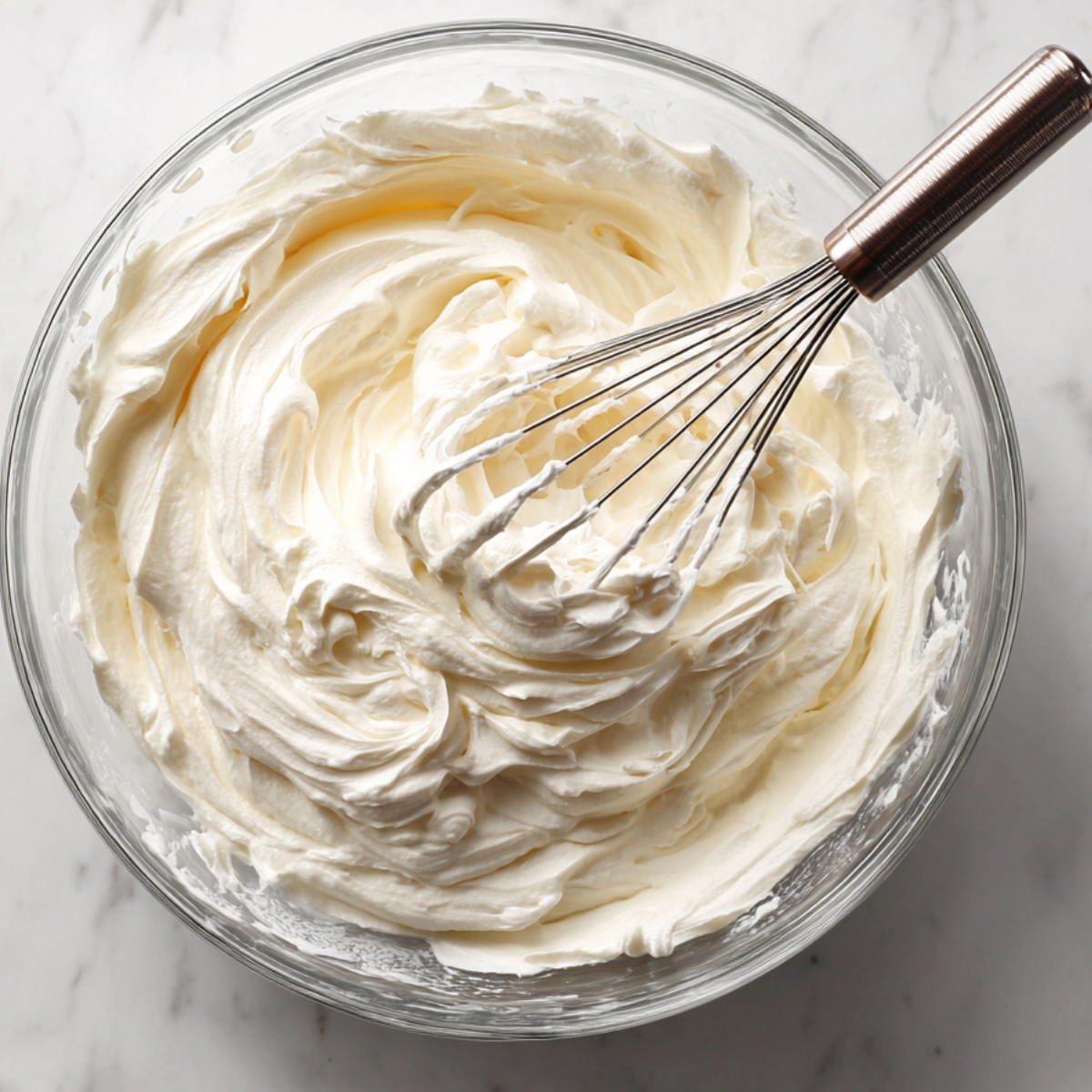 Fluffy whipped sour cream and heavy cream filling in a glass mixing bowl with a metal whisk resting on top.
