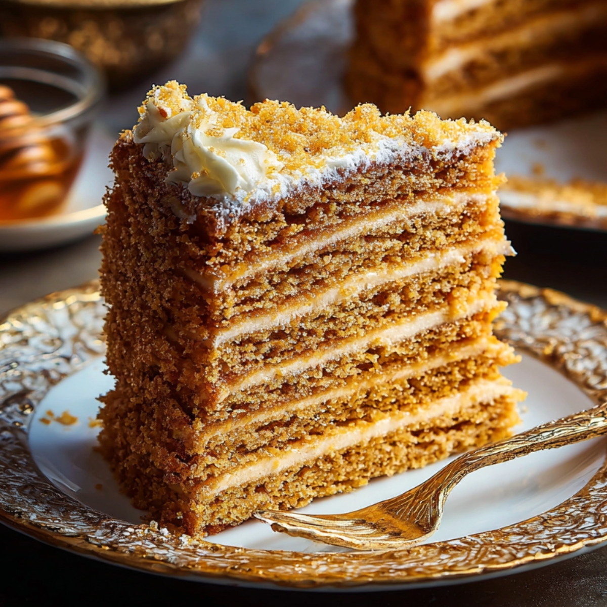 A close-up of a slice of traditional Russian honey cake with multiple golden layers and cream filling, served on an ornate plate with a golden fork.