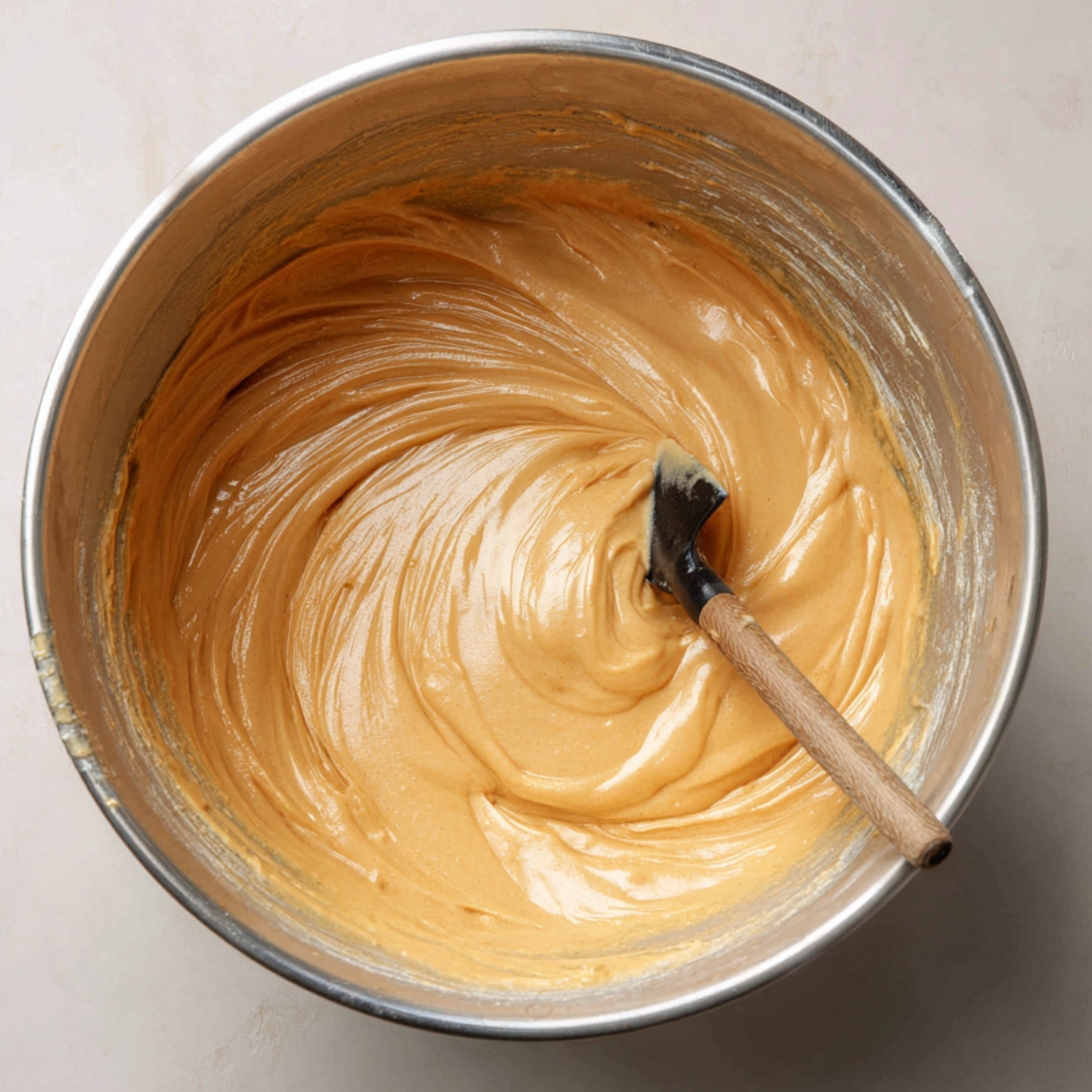 Smooth honey cake batter in a stainless steel bowl with a spatula, ready to be portioned and baked.