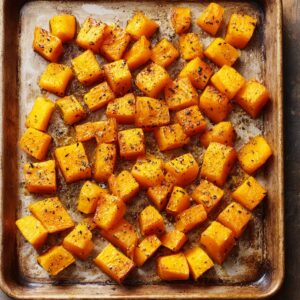 Roasted butternut squash cubes on a baking sheet, seasoned with salt and black pepper