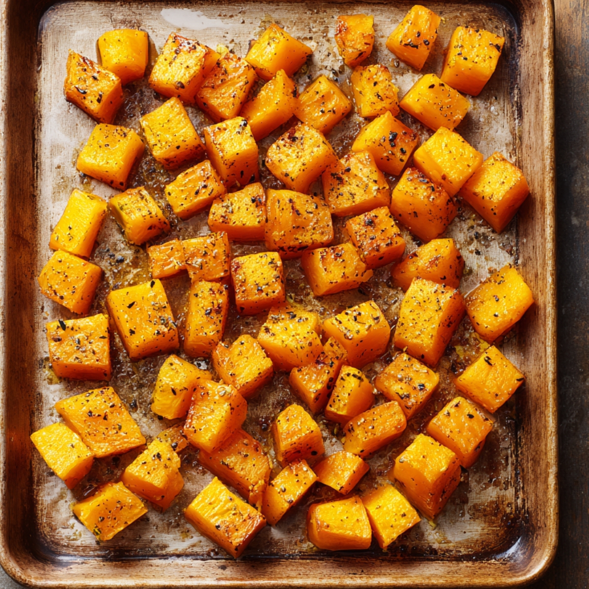 Roasted butternut squash cubes on a baking sheet, seasoned with salt and black pepper