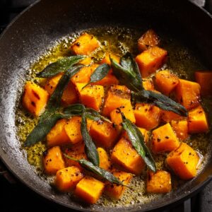 Butternut squash cubes cooking in a skillet with brown butter and fresh sage leaves, seasoned with black pepper.
