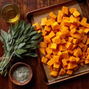 Raw butternut squash cubes on a baking sheet, with a bundle of fresh sage, olive oil, and herb salt in small wooden bowls.
