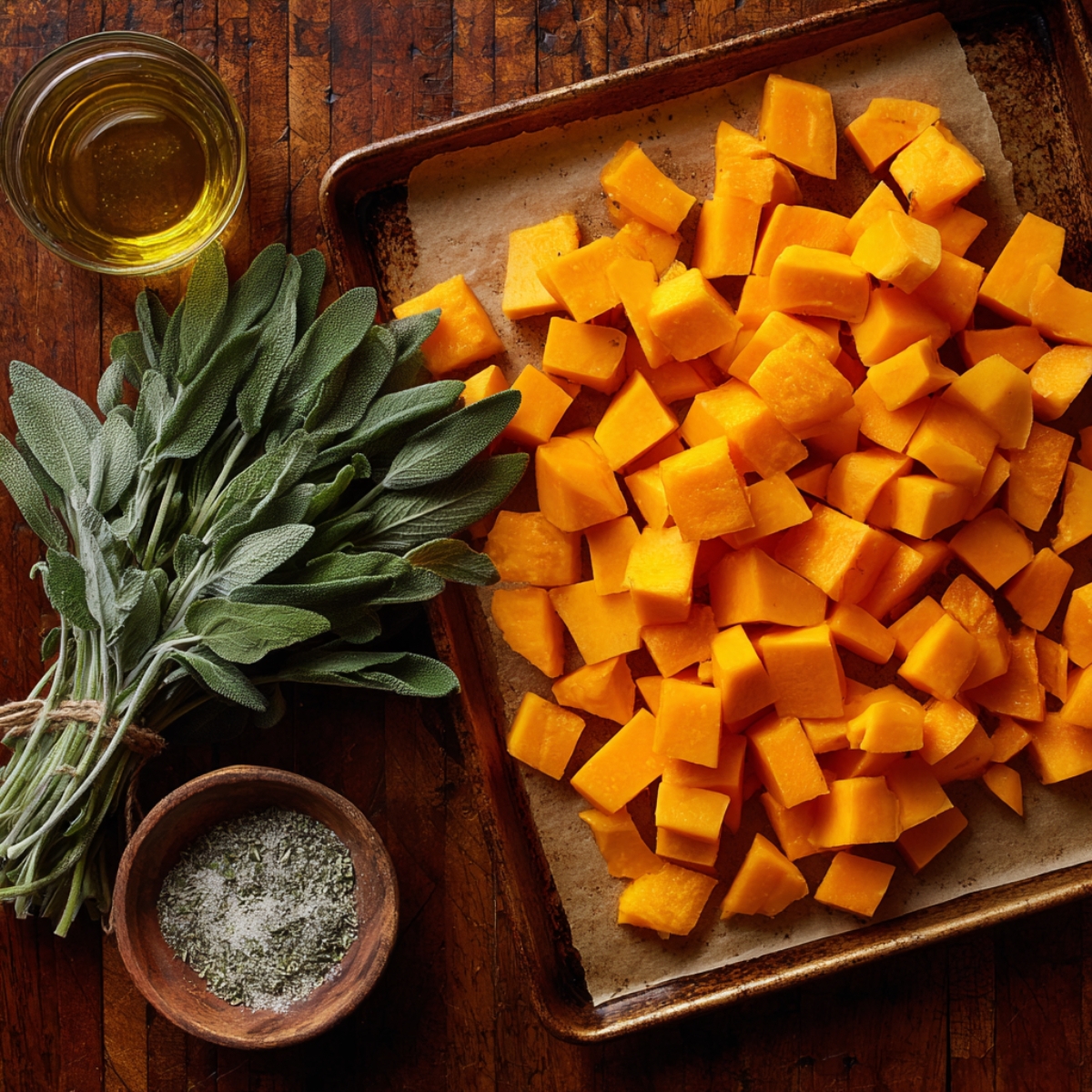 Raw butternut squash cubes on a baking sheet, with a bundle of fresh sage, olive oil, and herb salt in small wooden bowls.