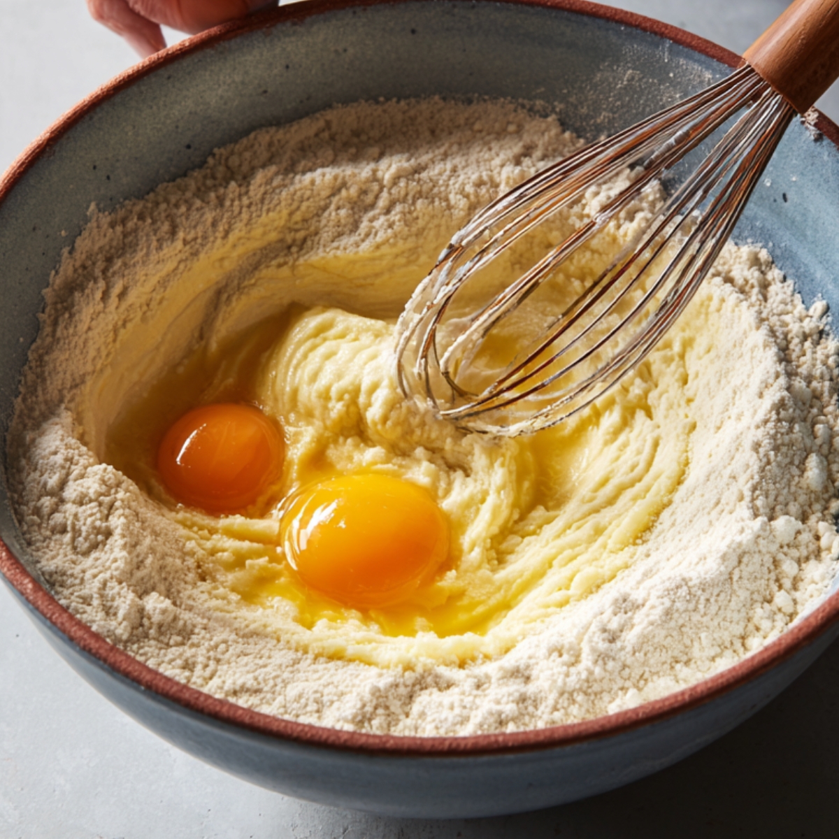 A mixing bowl filled with flour and cracked eggs, with a person holding a whisk ready to mix.