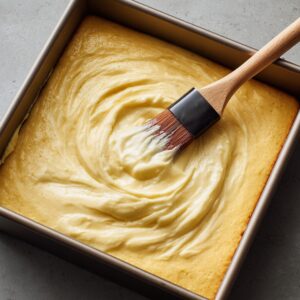 A square baking pan with a baked cake base, being brushed with a silicone pastry brush on top.