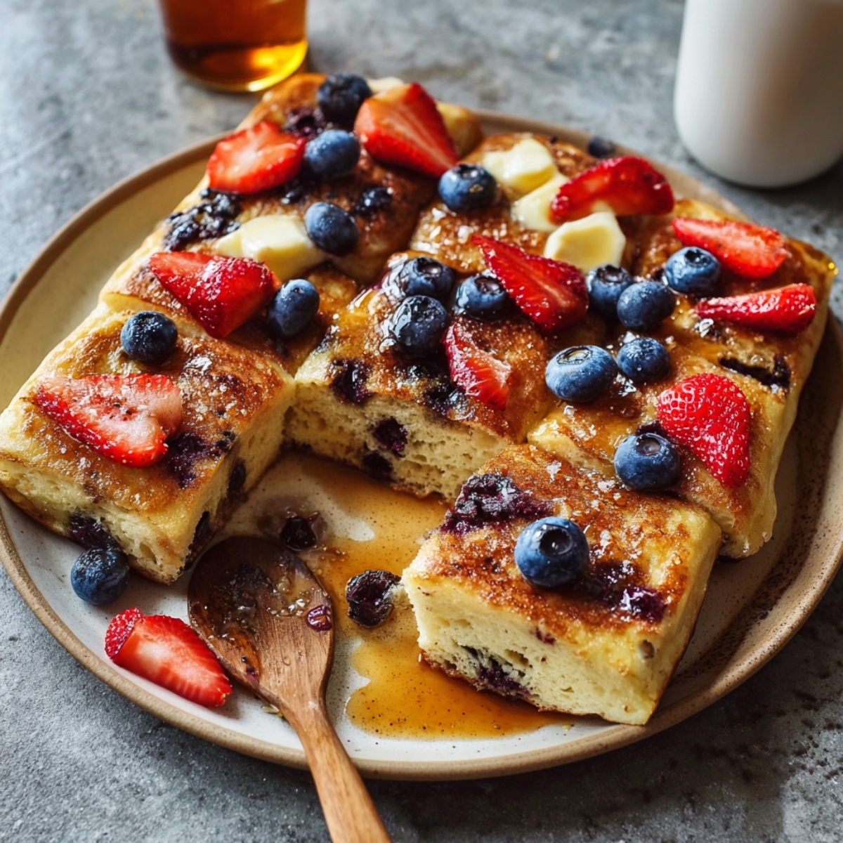 Thick sheet-pan pancakes cut into squares, topped with blueberries, strawberries, butter pieces, and drizzled syrup on a serving plate.