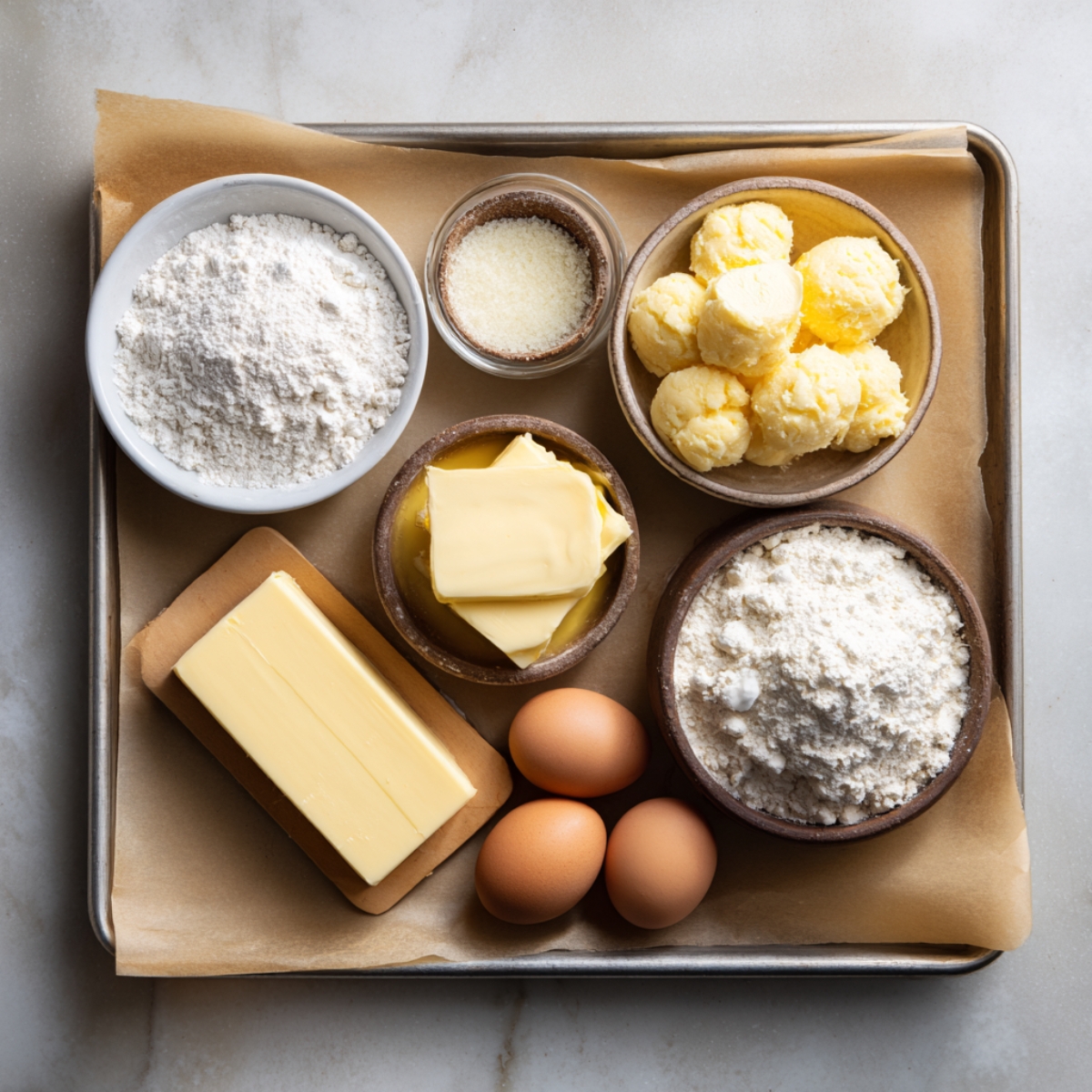 A tray lined with parchment paper, holding neatly arranged baking ingredients: butter, eggs, flour, and sugar.