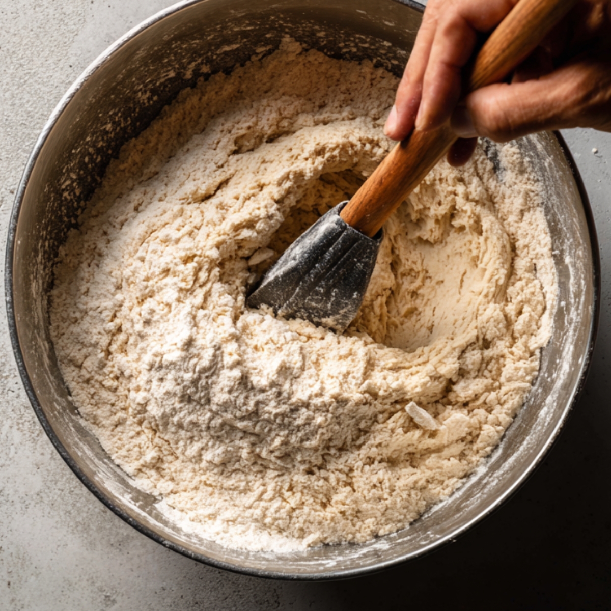 A hand mixing flour and dough in a metal bowl with a wooden spatula on a gray countertop.