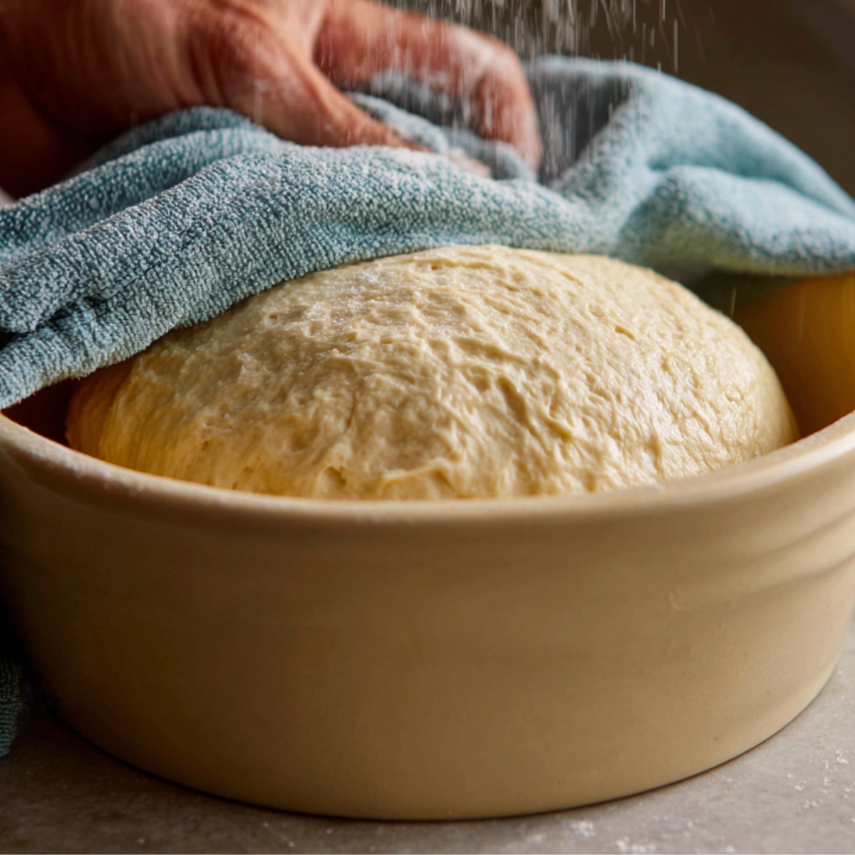 A bowl of risen dough being uncovered by a hand lifting a blue kitchen towel, with flour being sprinkled on top.