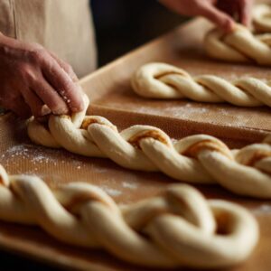 A baker shaping long pieces of twisted dough on a floured baking sheet, preparing pretzels.