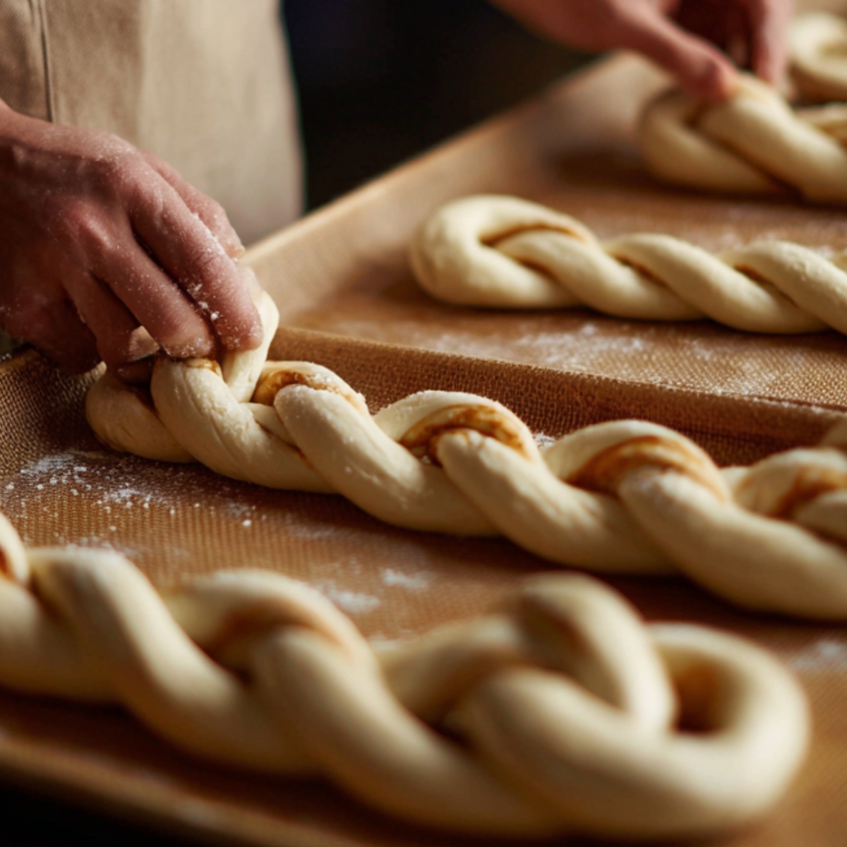 A baker shaping long pieces of twisted dough on a floured baking sheet, preparing pretzels.