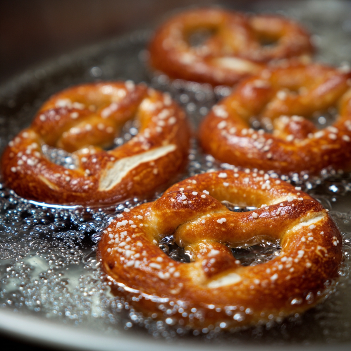 Soft pretzels boiling in bubbling water, their golden-brown crust sprinkled with coarse salt.