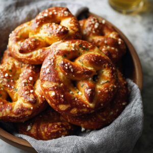 A basket filled with golden-brown soft Soft Pretzel Recipe, sprinkled with coarse salt and herbs, resting in a gray cloth napkin