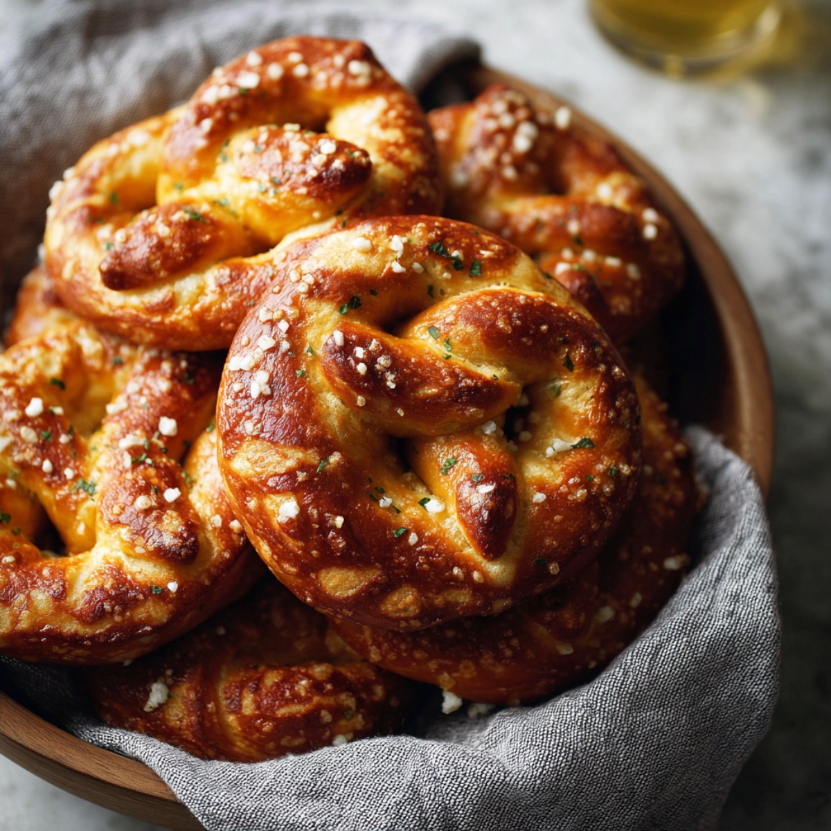 A basket filled with golden-brown soft Soft Pretzel Recipe, sprinkled with coarse salt and herbs, resting in a gray cloth napkin