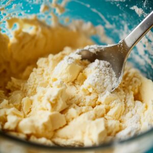 Close, macro view inside a mixing bowl where softened butter and flour are being combined. A metal spoon lifts chunky, pale-yellow bits of dough against the turquoise bowl’s side.