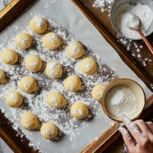Overhead of a parchment-lined baking sheet covered with evenly spaced rounds of pale cookie dough. A dusting of flour powders the surface, while a hand holds a small bowl of flour for sprinkling.