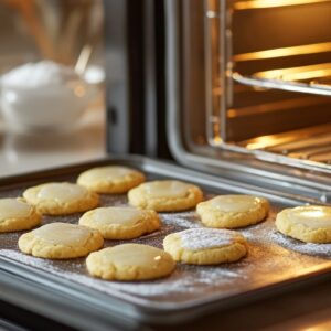 Open oven with a tray of sugar cookies baking under warm light. The cookies are lightly puffed and glossy on top, spaced apart on the pan, with an empty rack above.