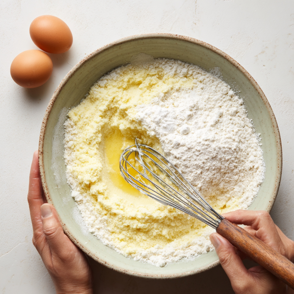 Two hands whisk a mound of flour and cornstarch in a wide ceramic bowl. The dry mixture looks airy and pale, with two whole eggs resting on the counter nearby.