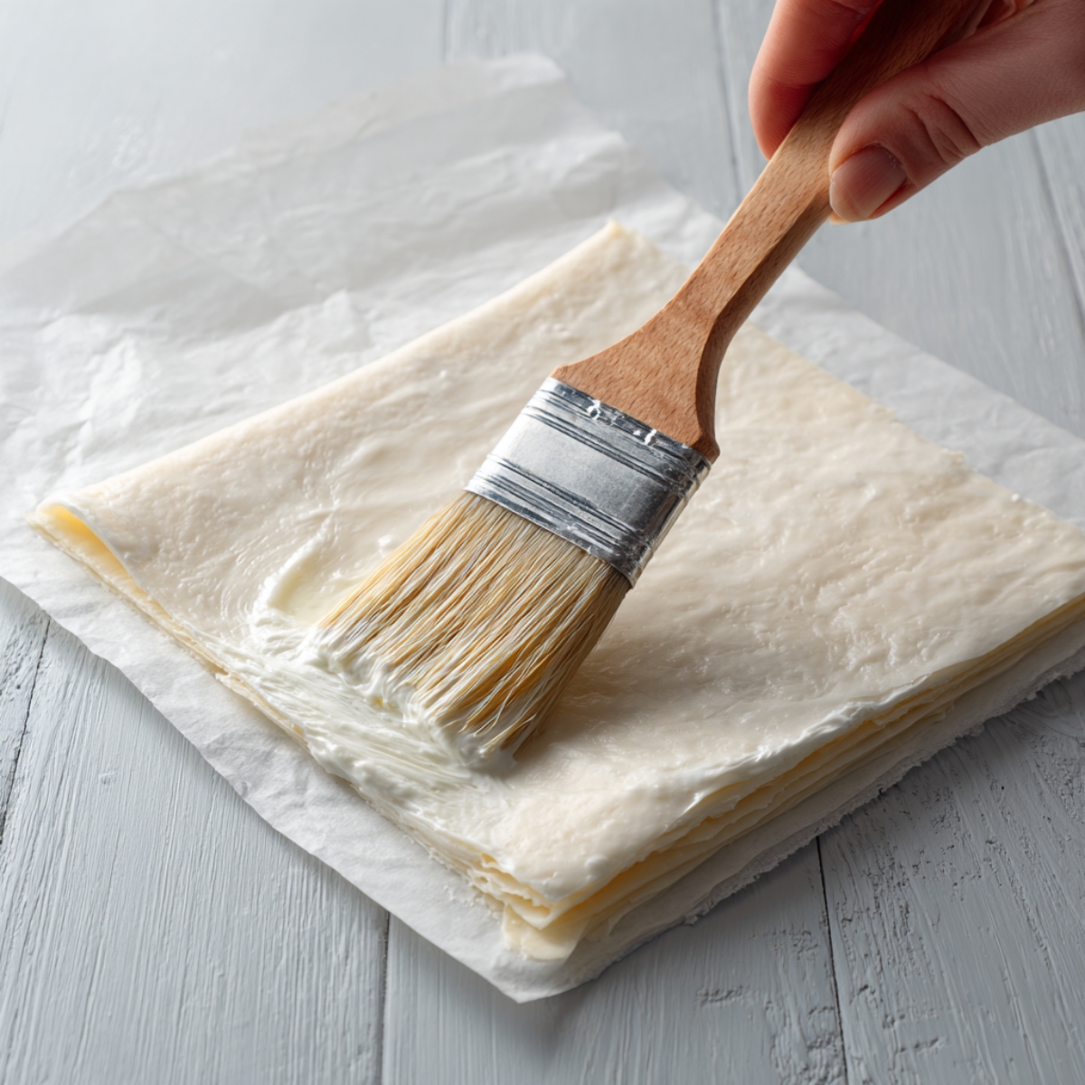A hand using a pastry brush to apply melted butter to stacked sheets of phyllo dough on parchment paper.
